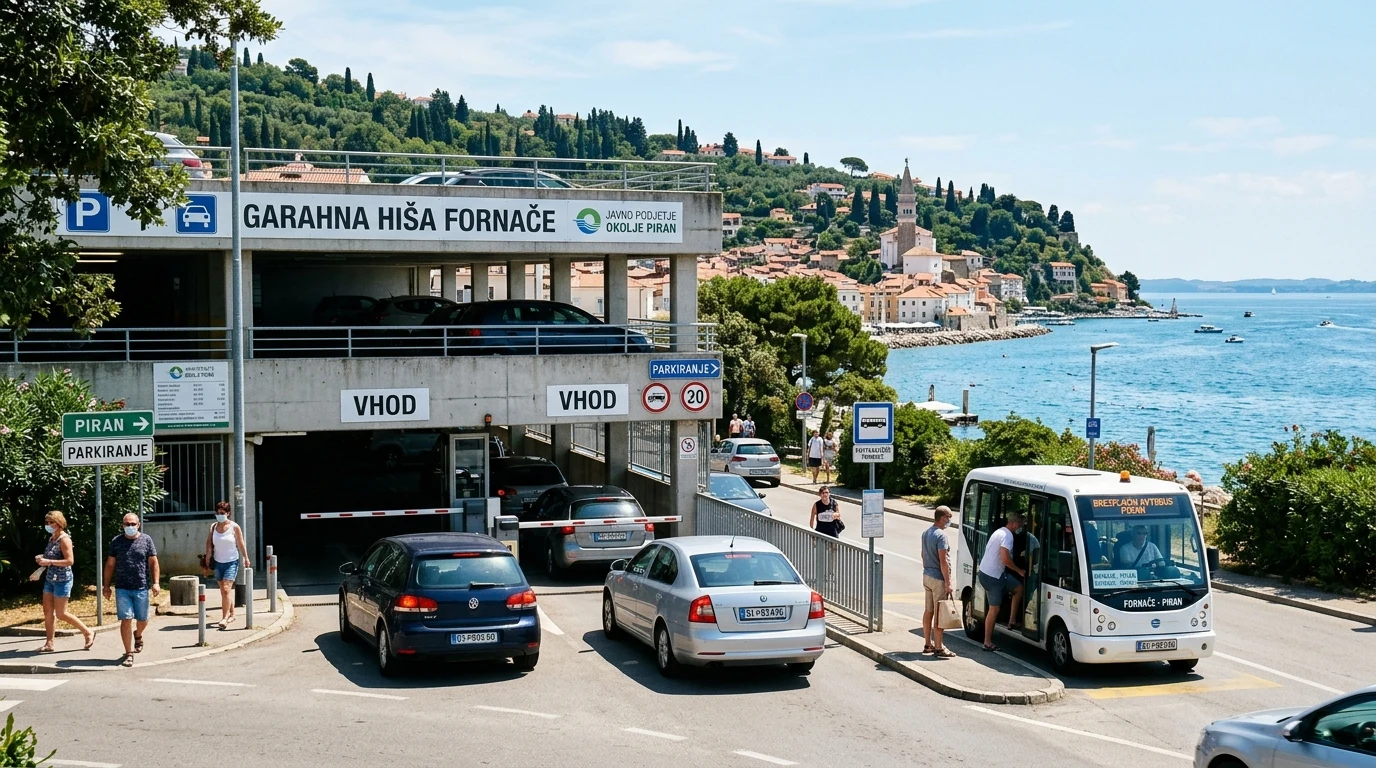 Piran Parking (Garáže Fornače & Arze): Ceník, bezplatný bus a tipy na parkování 1 Parkovací dům Fornače v Piranu s výhledem na Jaderské moře