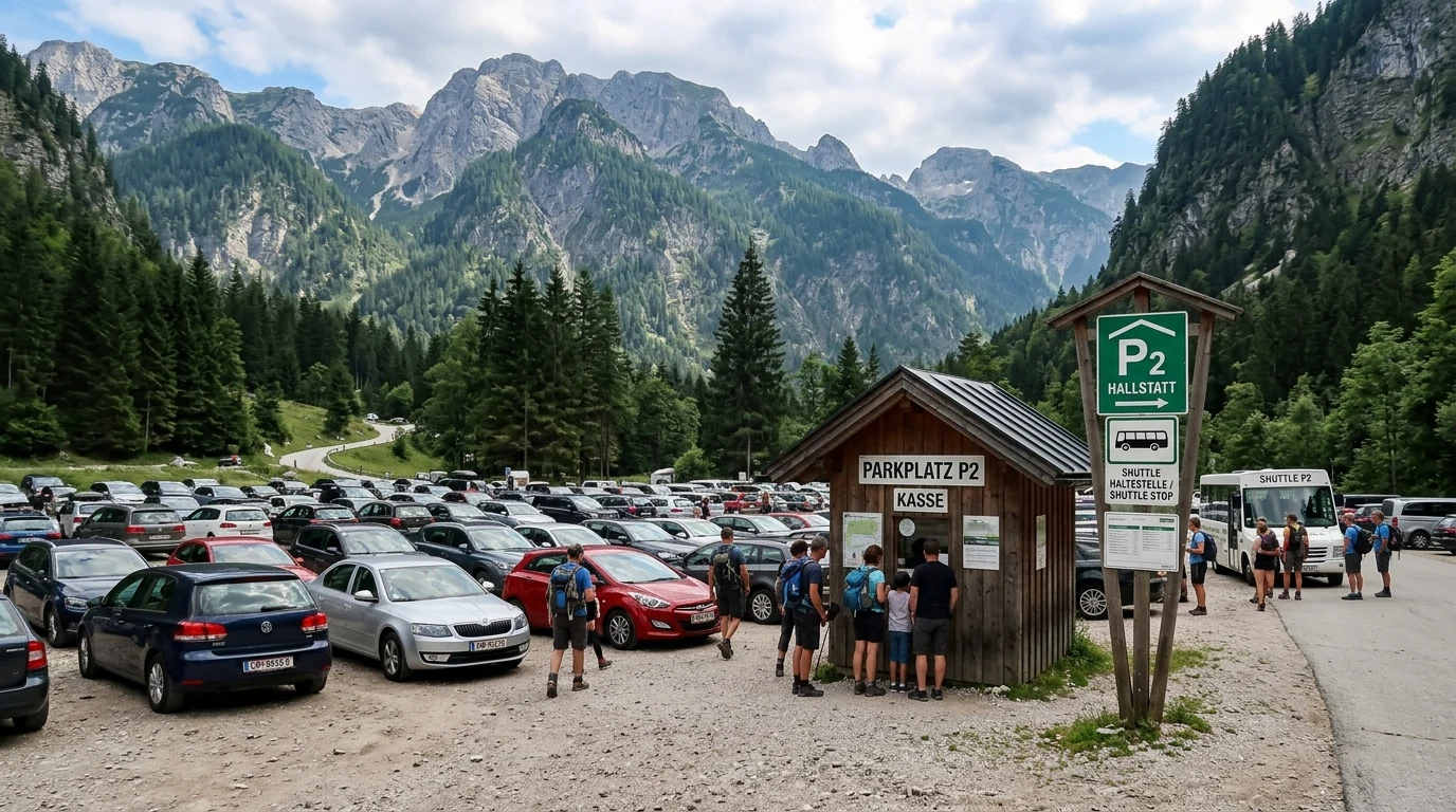 Hallstatt Parkplatz (P1–P4): Kompletní průvodce parkováním, ceník a mapy 1 Parkovací plocha Parkplatz v Hallstattu s výhledem na hory
