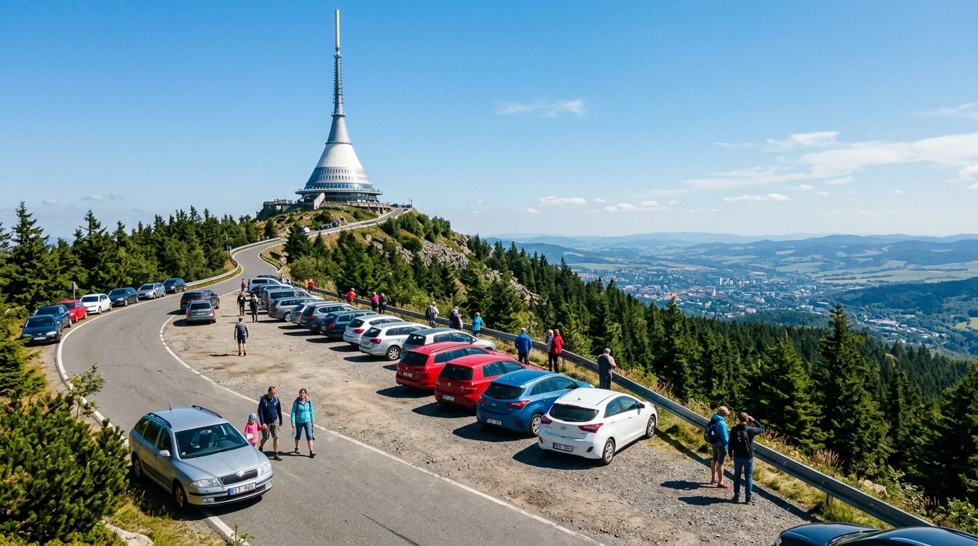 Parkoviště pod vrcholem Ještědu s výhledem na televizní vysílač
