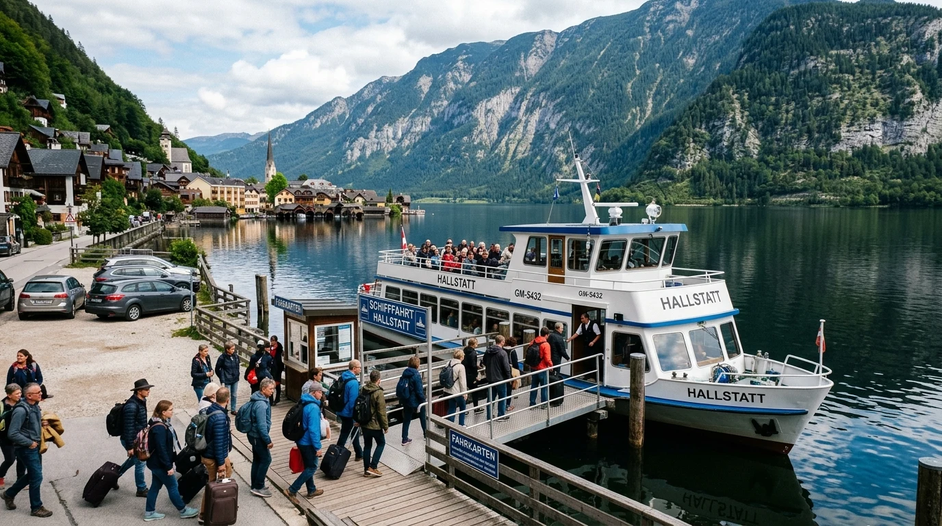 Parkování Hallstatt Rakousko: Ceník, parkoviště P1–P4, lodní doprava a jak parkovat levně 1 Parkování u jezera v Hallstattu s přístavištěm výletních lodí