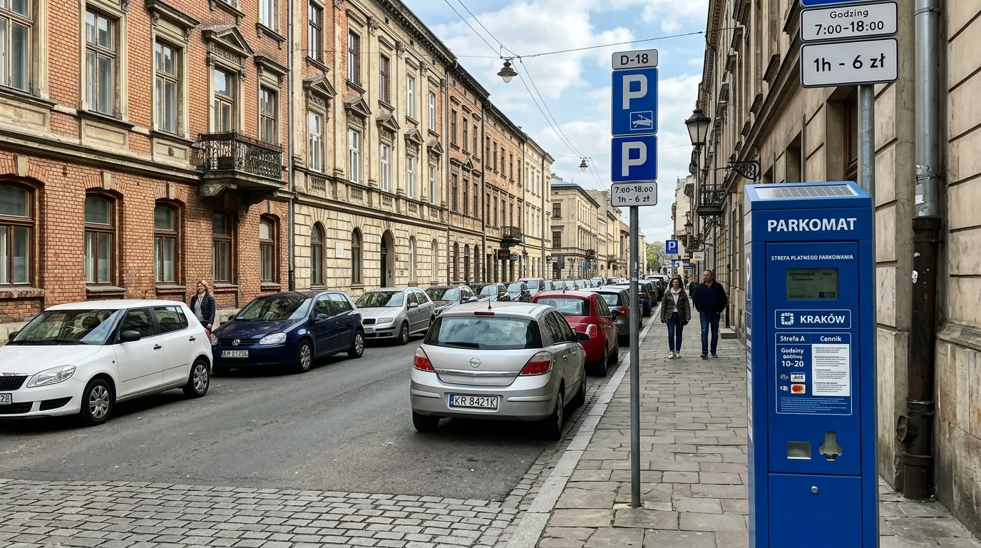 Parkovací zóna a parkovací automat v ulici v centru Krakova