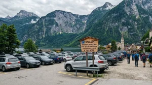 Parkování v Hallstattu (Parken Hallstatt): Přehled parkovišť P1–P4, ceny a tipy 9 Parkoviště P1 v Hallstattu s výhledem na Alpy a jezero