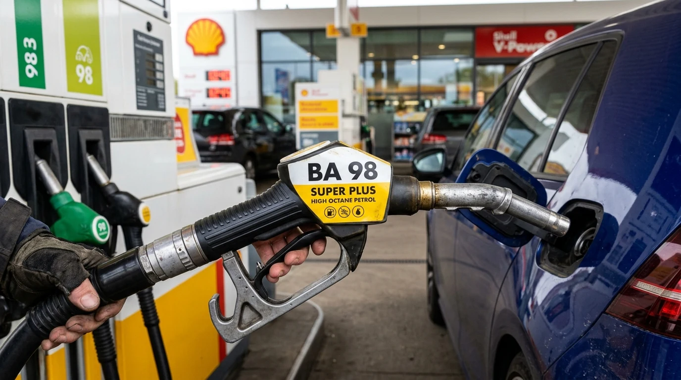 Benzín BA 98: Co znamená označení, vlastnosti a kdy tankovat 1 Tankovací pistole prémiového benzínu BA 98 Super Plus na čerpací stanici