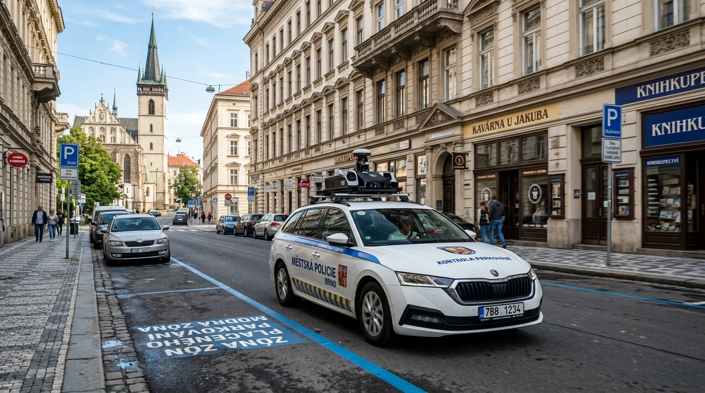 Monitorovací auto kontrolující parkování v modrých zónách v Brně