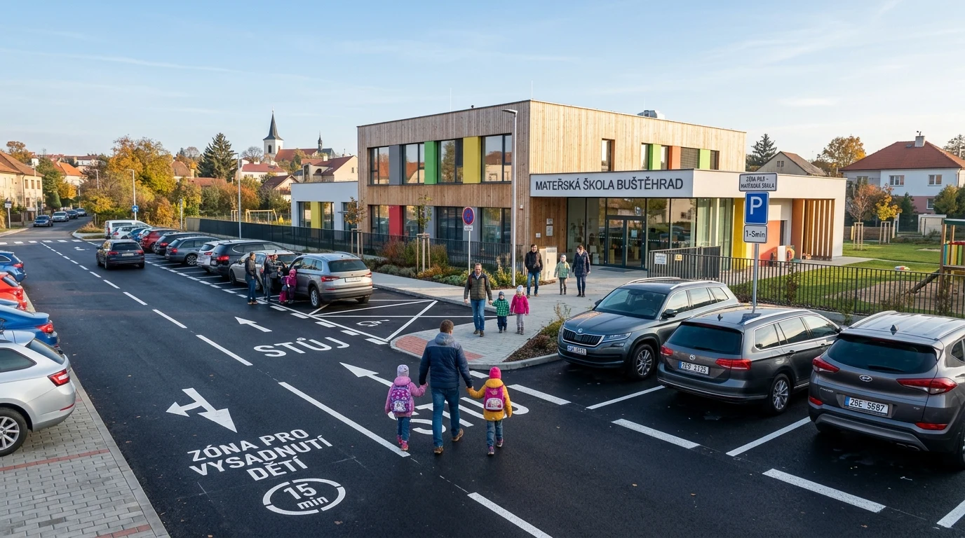 Parkování u školky Buštěhrad: Kde zaparkovat a pravidla K+R 1 Parkoviště a vyhrazená stání u mateřské školy v Buštěhradu